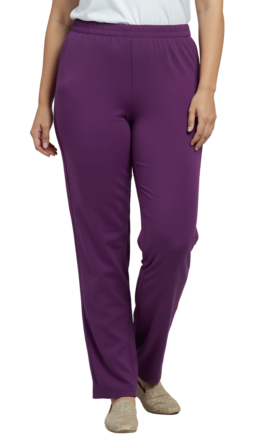 Turtle Bay New York Women's Knit Pull on Pants - Cotton Blend with Flat Front waistband deep purple front