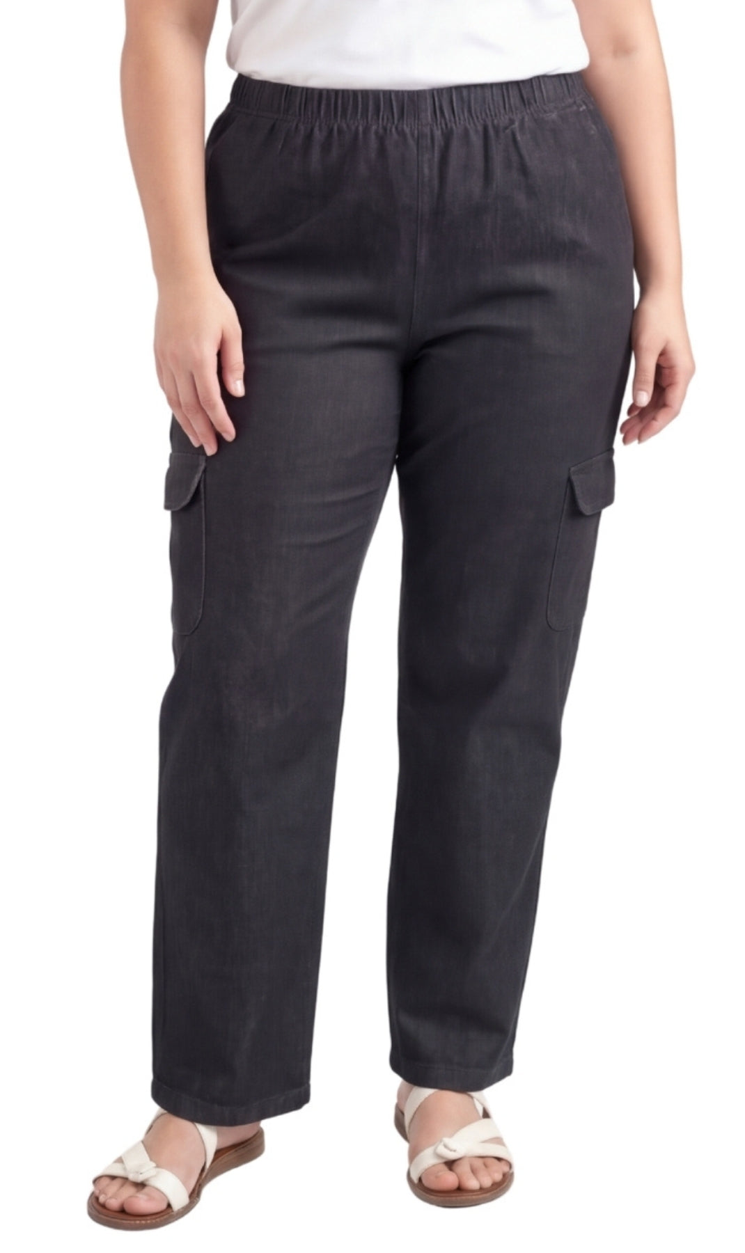 Turtle Bay New York Women's Lightweight Elastic Stretch Waist Casual Denim Pull-on Cargo Pants black front