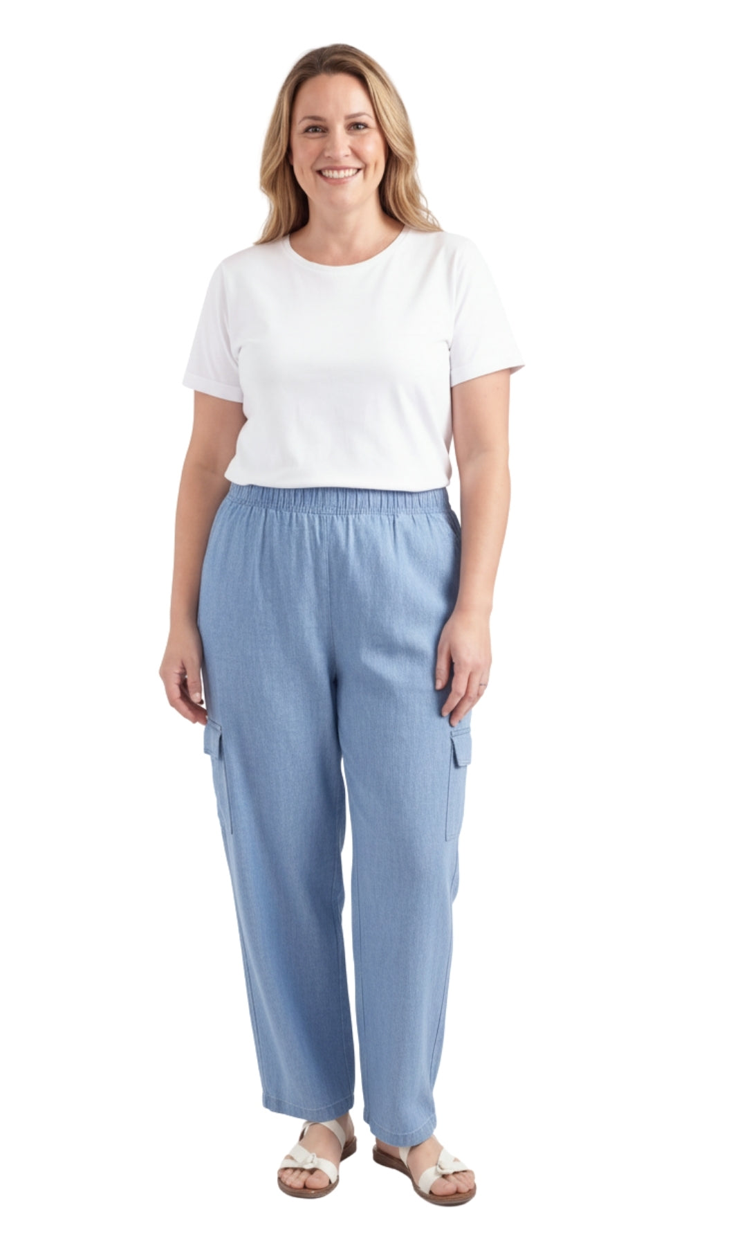 Turtle Bay New York Women's Lightweight Elastic Stretch Waist Casual Denim Pull-on Cargo Pants chambray full