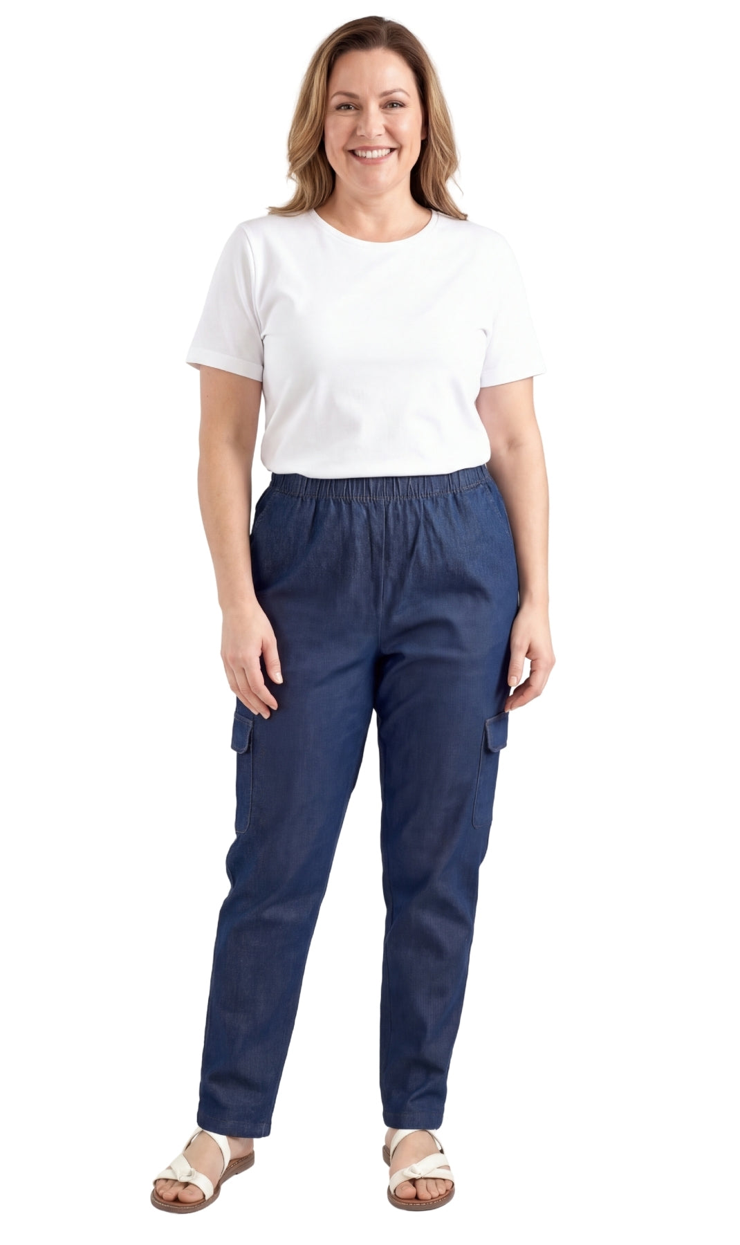 Turtle Bay New York Women's Lightweight Elastic Stretch Waist Casual Denim Pull-on Cargo Pants indigo full
