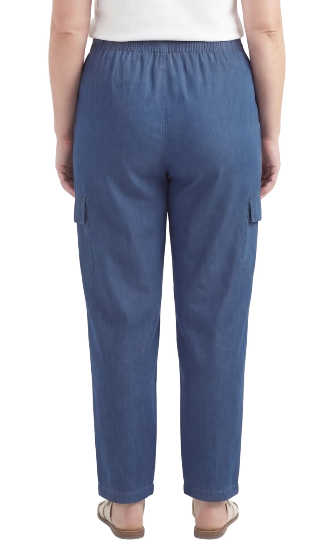 Turtle Bay New York Women's Lightweight Elastic Stretch Waist Casual Denim Pull-on Cargo Pants medblue back