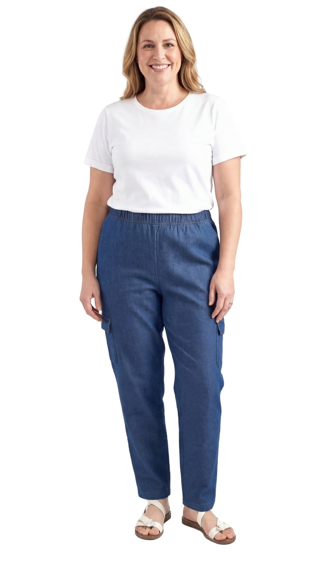Turtle Bay New York Women's Lightweight Elastic Stretch Waist Casual Denim Pull-on Cargo Pants medblue full