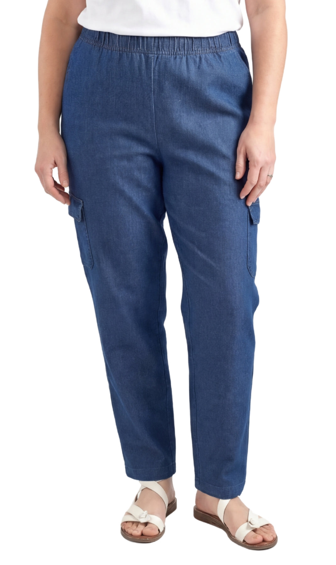 Turtle Bay New York Women's Lightweight Elastic Stretch Waist Casual Denim Pull-on Cargo Pants medblue front1