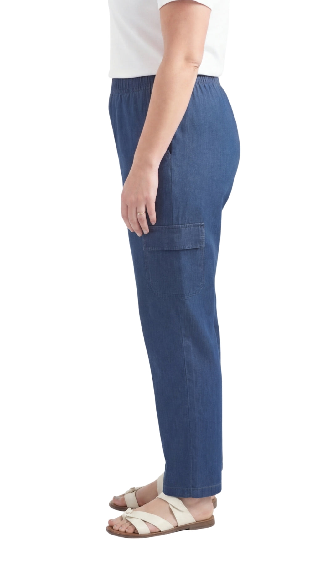 Turtle Bay New York Women's Lightweight Elastic Stretch Waist Casual Denim Pull-on Cargo Pants medblue side