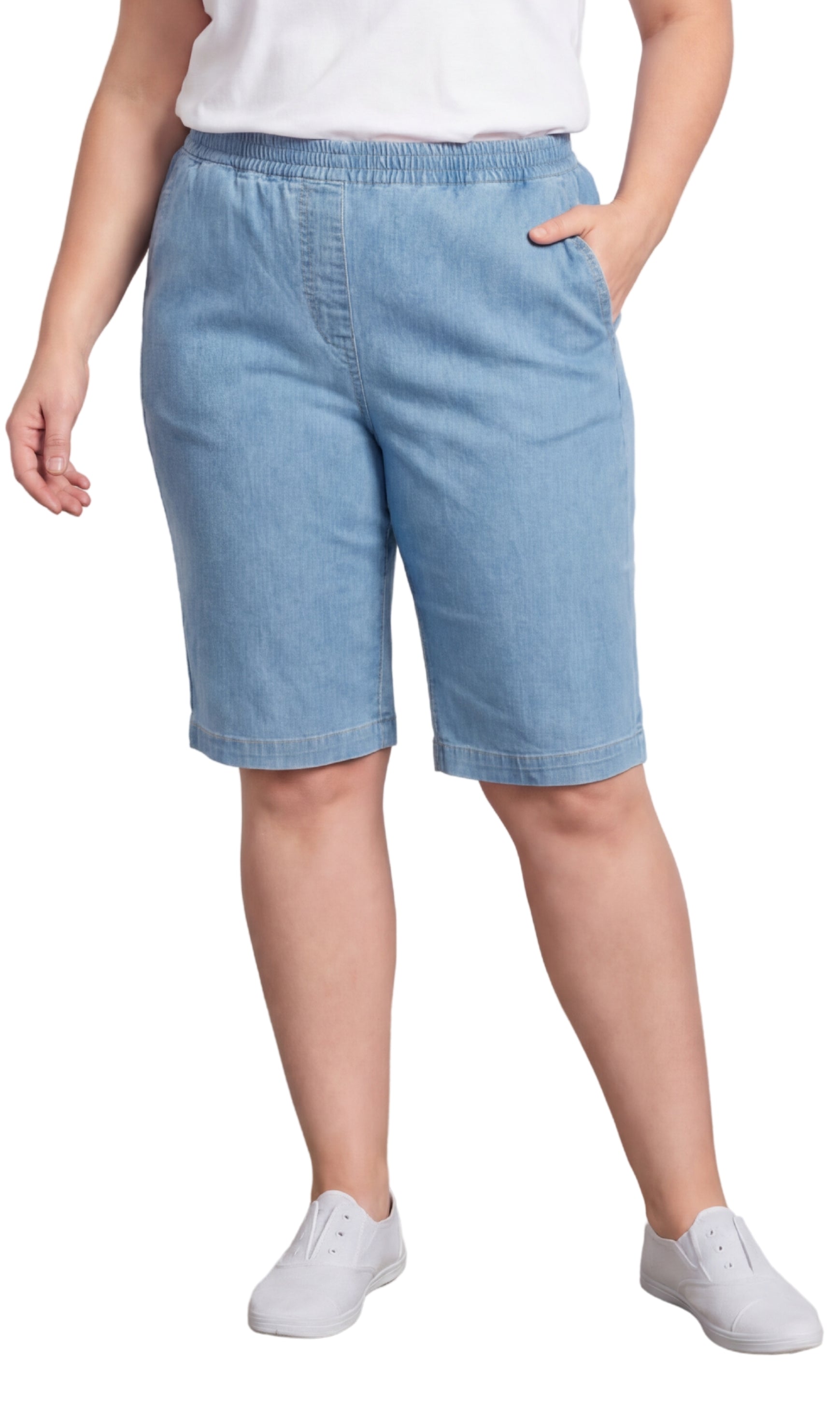 Turtle Bay New York Women's Easy Pull on Bermuda Shorts in Denim and Twill chambray Front