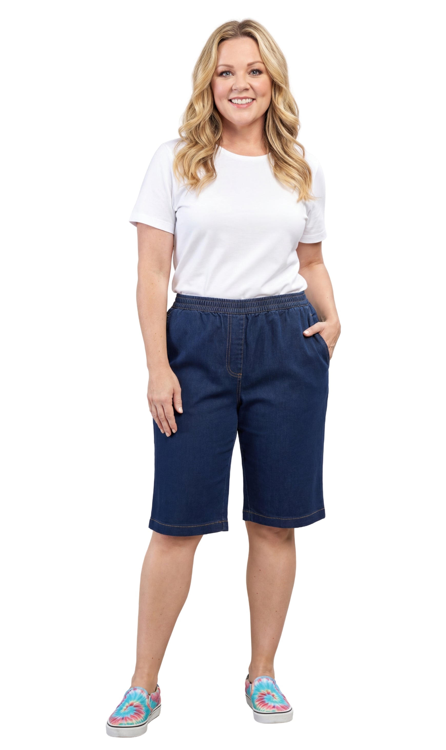 Turtle Bay New York Women's Easy Pull on Bermuda Shorts in Denim and Twill Indigo full
