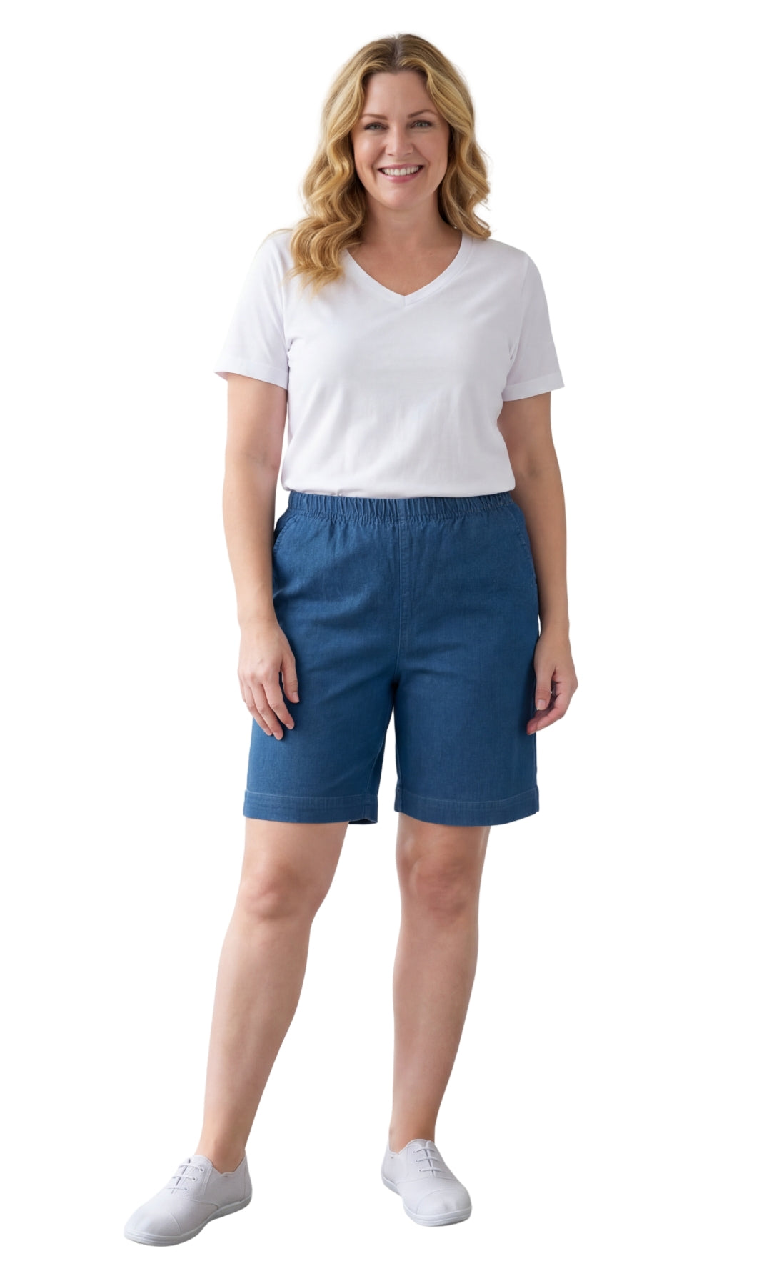 Women's Pull On Denim & Twill Shorts with stretch waist - No zipper or buttons 16