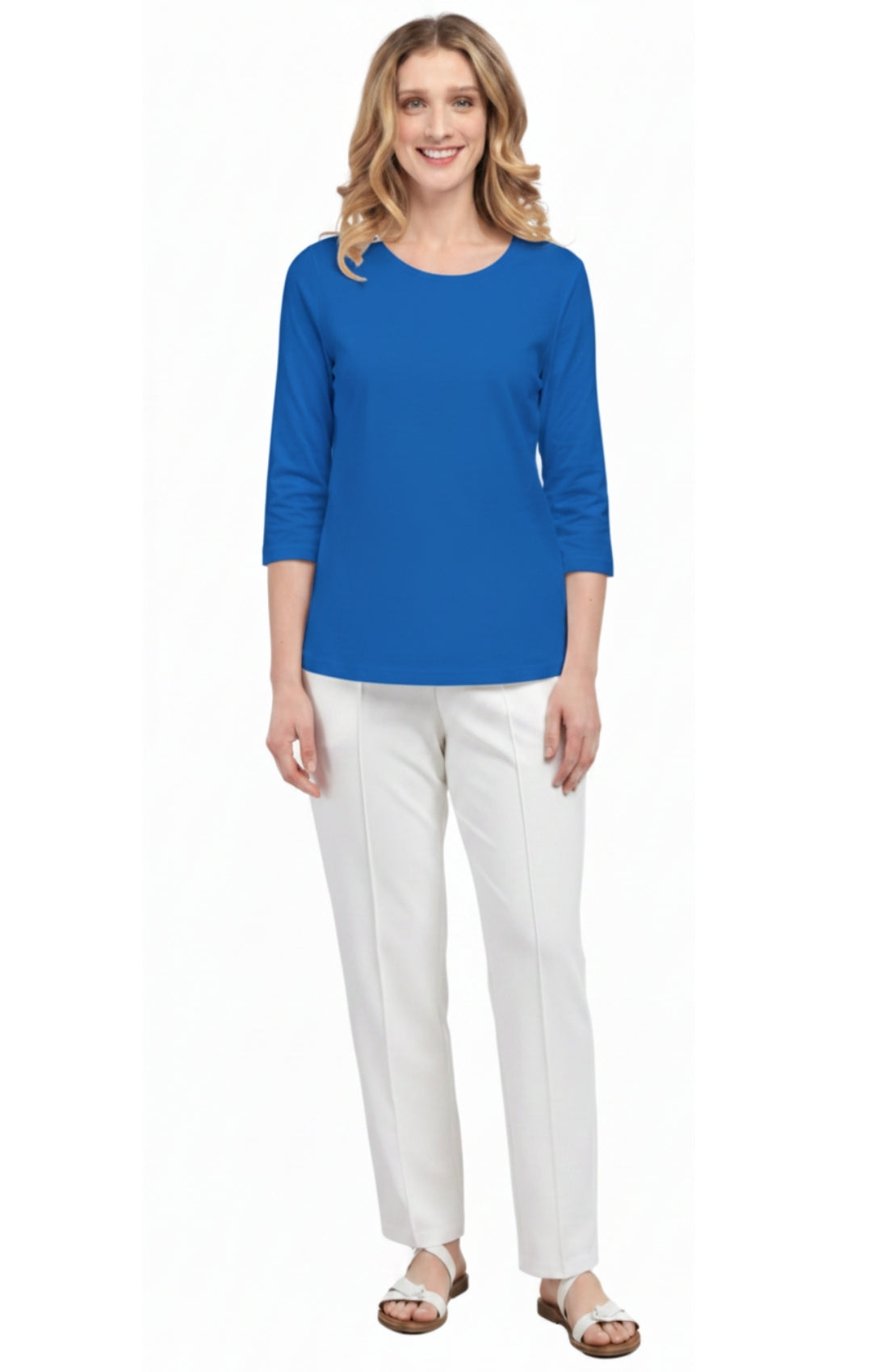 Turtle Bay Apparel Women's 3/4 Sleeve Crew Neck Top – Royal Full Length View