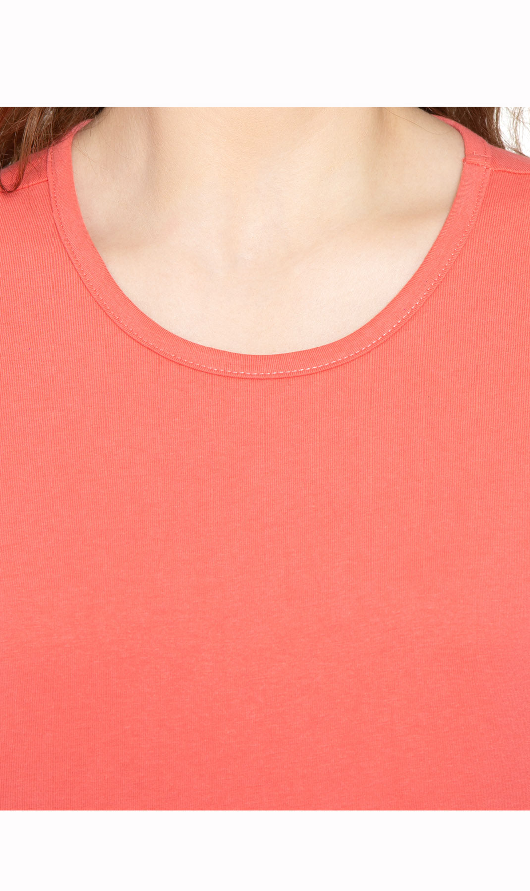 Women's Short Sleeve Crew Neck Knit Tee - Coral - Closeup - TURTLE BAY APPAREL