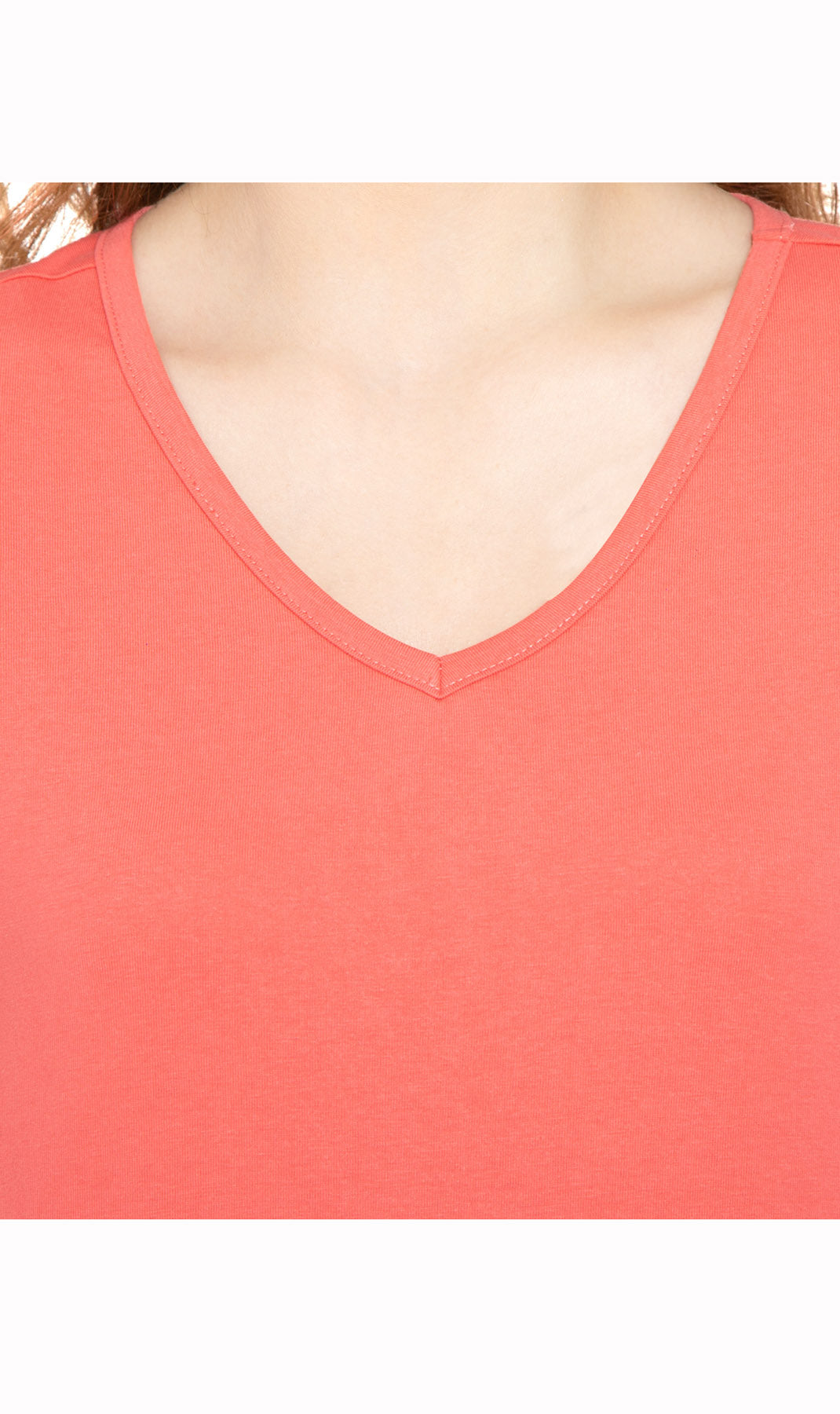 Women's V Neck Knit TeeÔÇô Hits at the Hip for Longer Coverage and a Sleeker Fit - Coral - Closeup - TURTLE BAY APPAREL