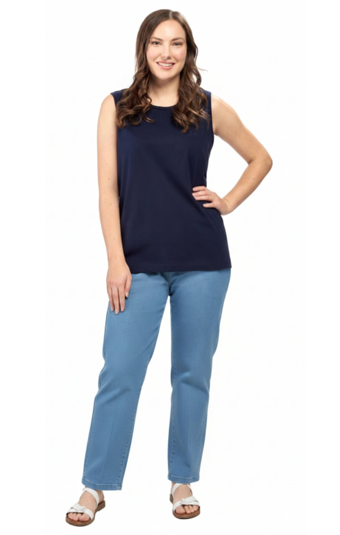 Turtle Bay Apparel Women's Classic Relaxed Fit Cotton blend Sleeveless Tank Top – Navy Full Length View