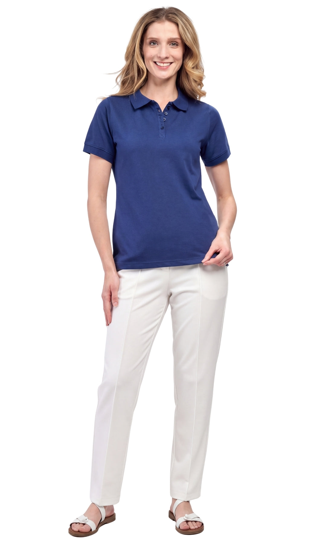 Turtle Bay Apparel Women's Short Sleeve Pique Knit Polo Shirt in Relaxed Fit – Navy Full Length View