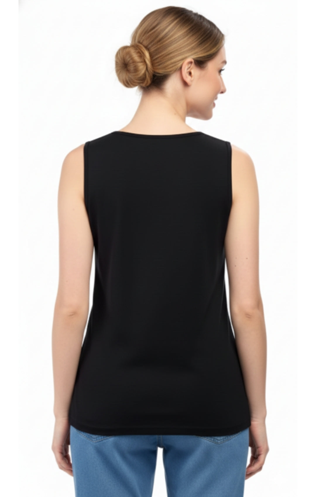Turtle Bay Apparel Women's Rhinestone Notch V-neck Knitted Tank Top – Black Back View