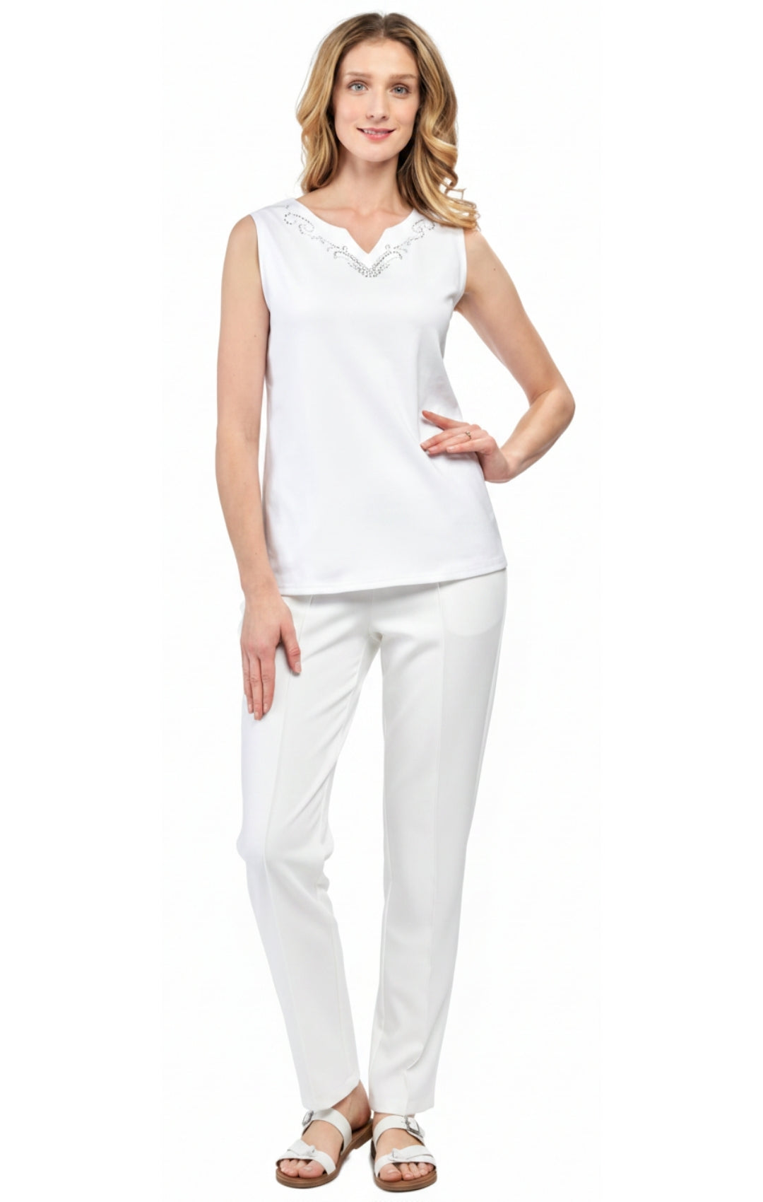 Turtle Bay Apparel Women's Rhinestone Notch V-neck Knitted Tank Top – White Full Length View