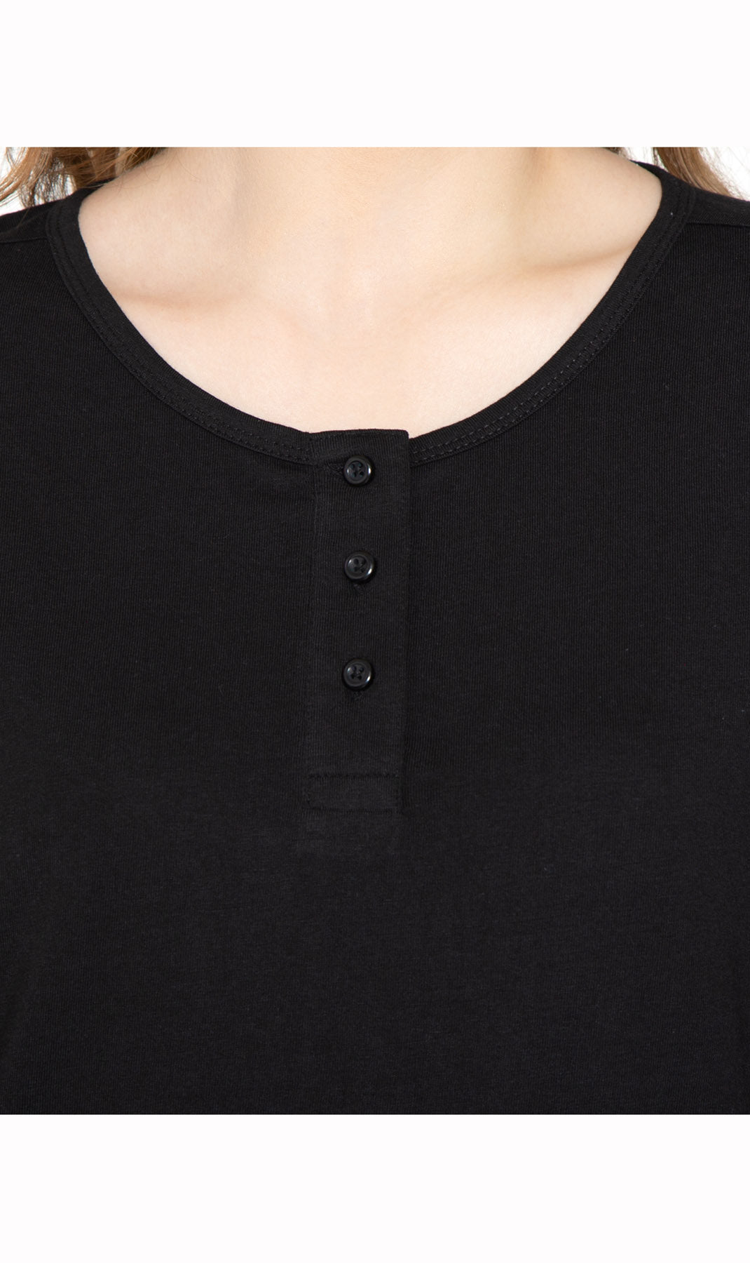 Women's Three Quarter Sleeve Henley ÔÇô Comfort in Every Color! - Black - Close up - TURTLE BAY APPAREL