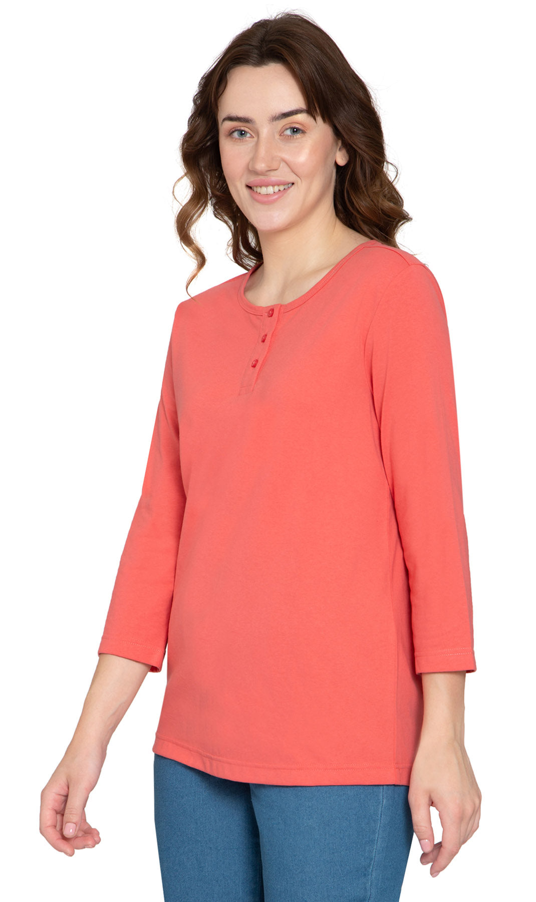 Women's Three Quarter Sleeve Henley ÔÇô Comfort in Every Color! - Coral - Side - TURTLE BAY APPAREL