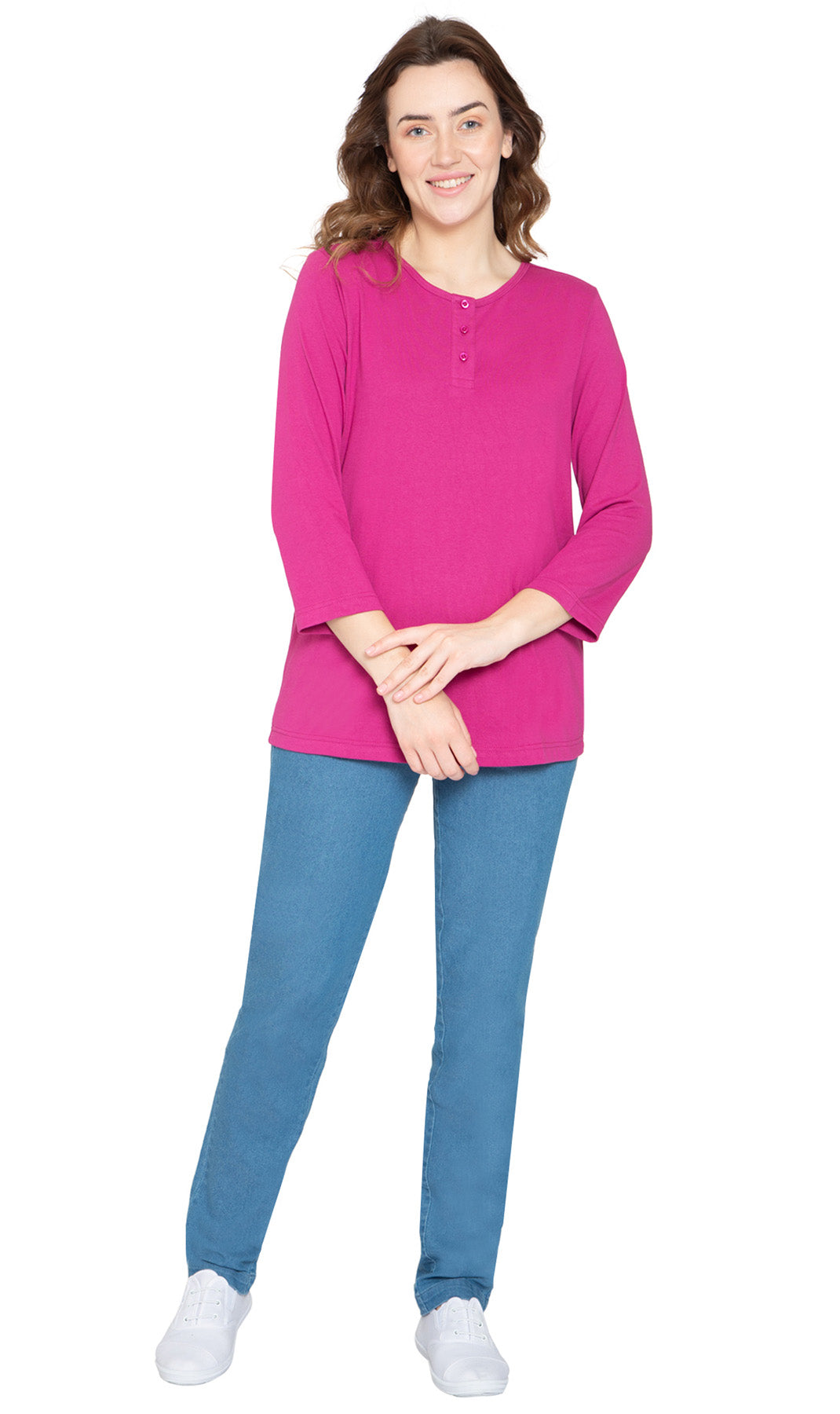 Women's Three Quarter Sleeve Henley ÔÇô Comfort in Every Color! - Deep Orchid - Full - TURTLE BAY APPAREL