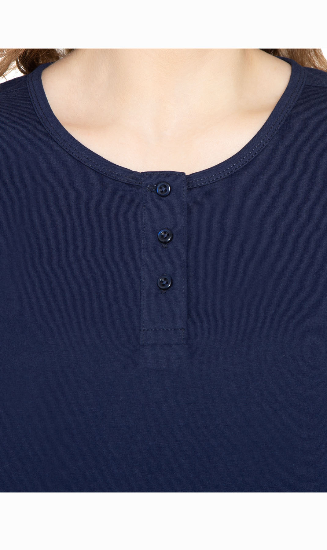 Women's Three Quarter Sleeve Henley ÔÇô Comfort in Every Color! - Navy - Close up -  TURTLE BAY APPAREL