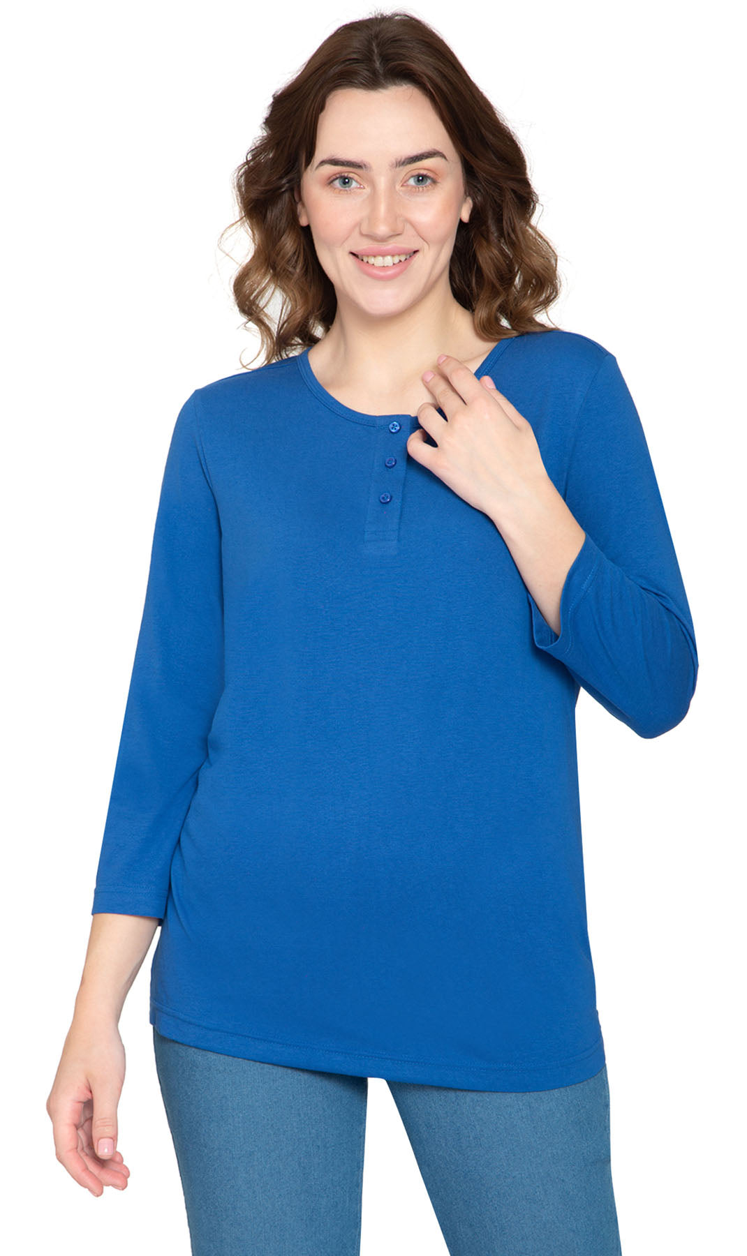 Women's Three Quarter Sleeve Henley ÔÇô Comfort in Every Color! - Navy- Front -  TURTLE BAY APPAREL