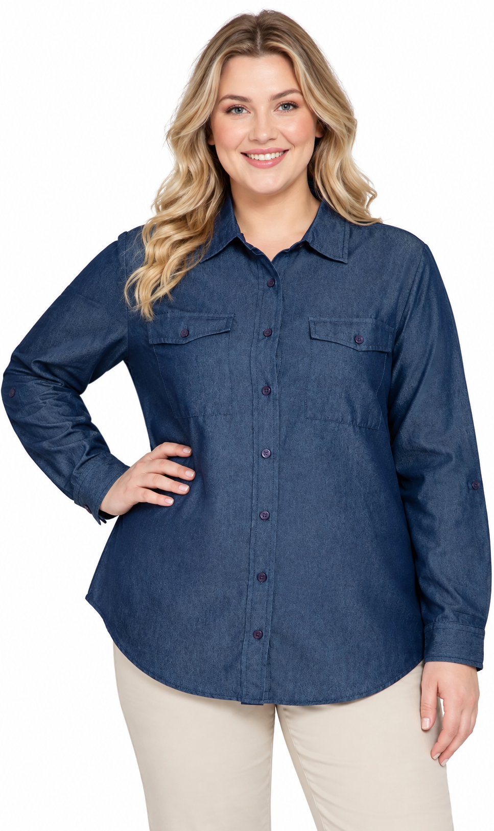 Women's Long Sleeve Button Down Denim Shirt with Front Pocket