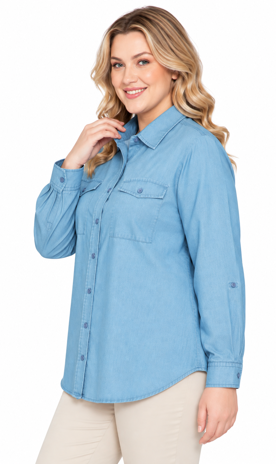 Women's Long Sleeve Button Down Denim Shirt with Front Pocket 9