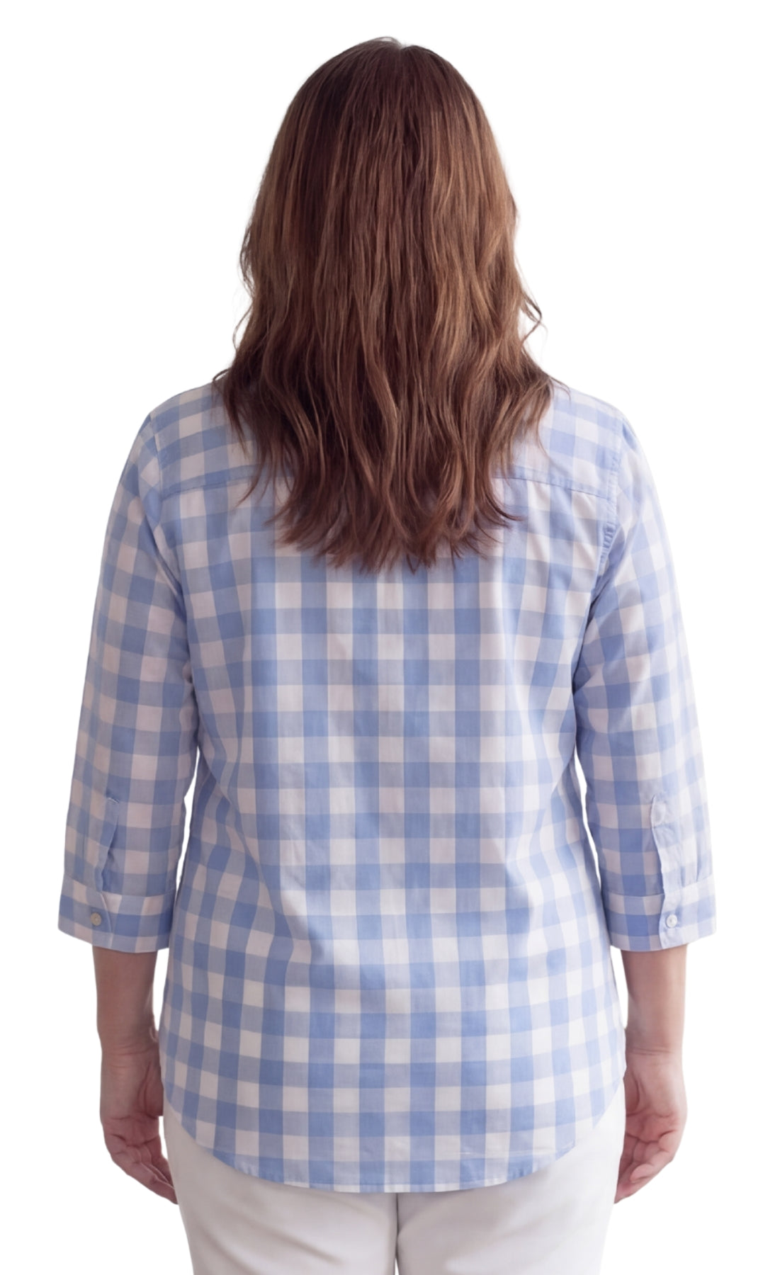 Women's Button-Down Shirt in White and Blue Gingham Pattern and White Buttons with Chest Pockets 2