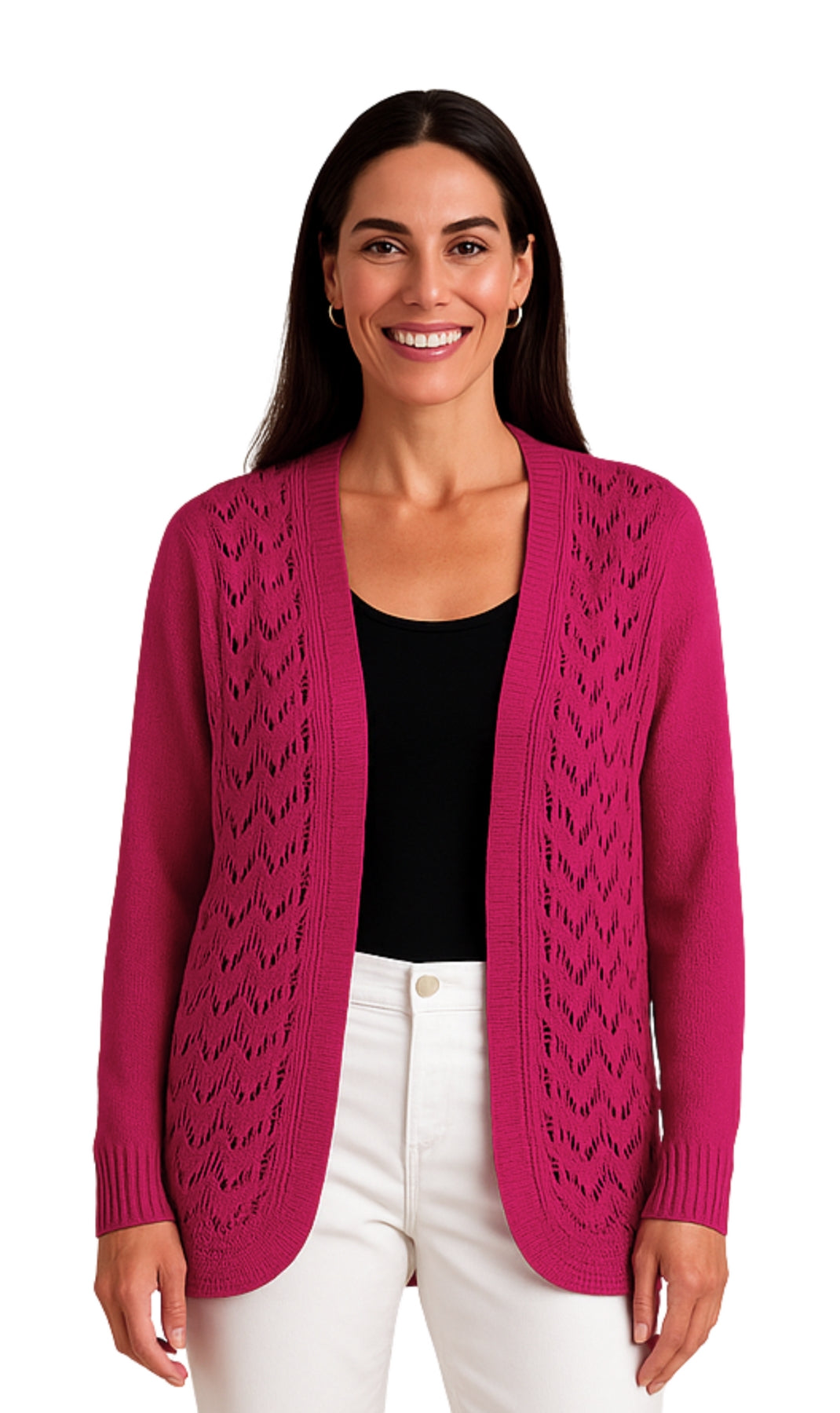 Women's Open Front Curved Hem Pointelle Shrug in Soft Acrylic