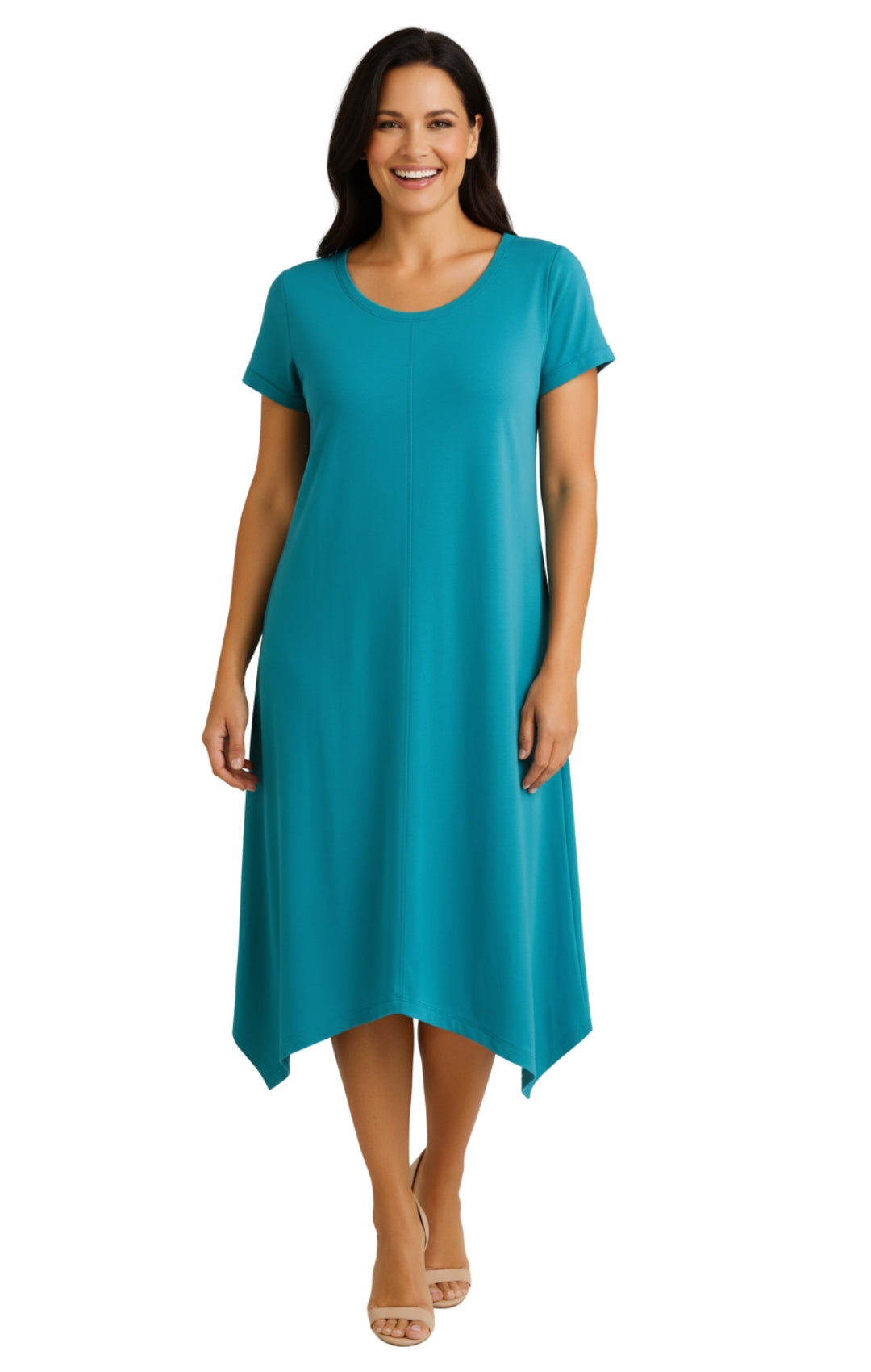 Women's Knit Wide Scoop Neck Short Sleeve Dress in A-line Asymmetrical Hem 4