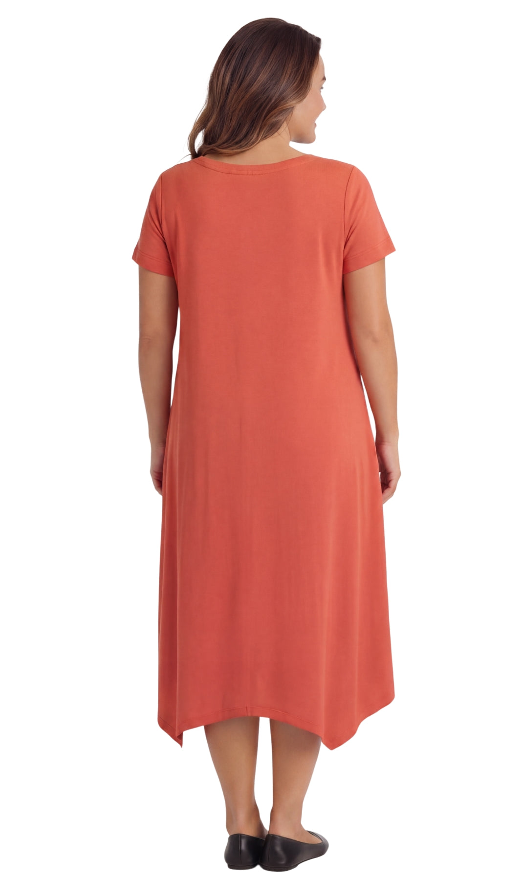 Women's Knit Wide Scoop Neck Short Sleeve Dress in A-line Asymmetrical Hem 6