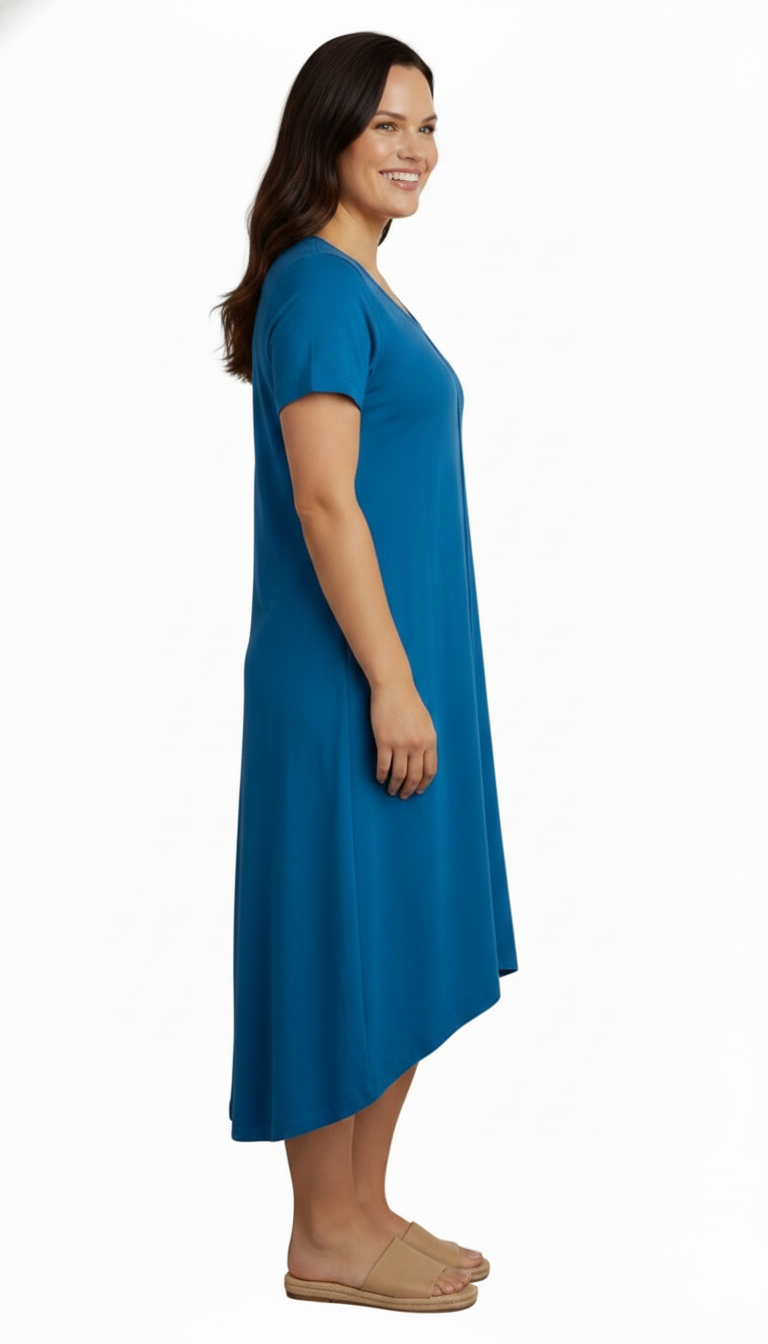 Women's Knit Wide Scoop Neck Short Sleeve Dress in A-line Asymmetrical Hem 9