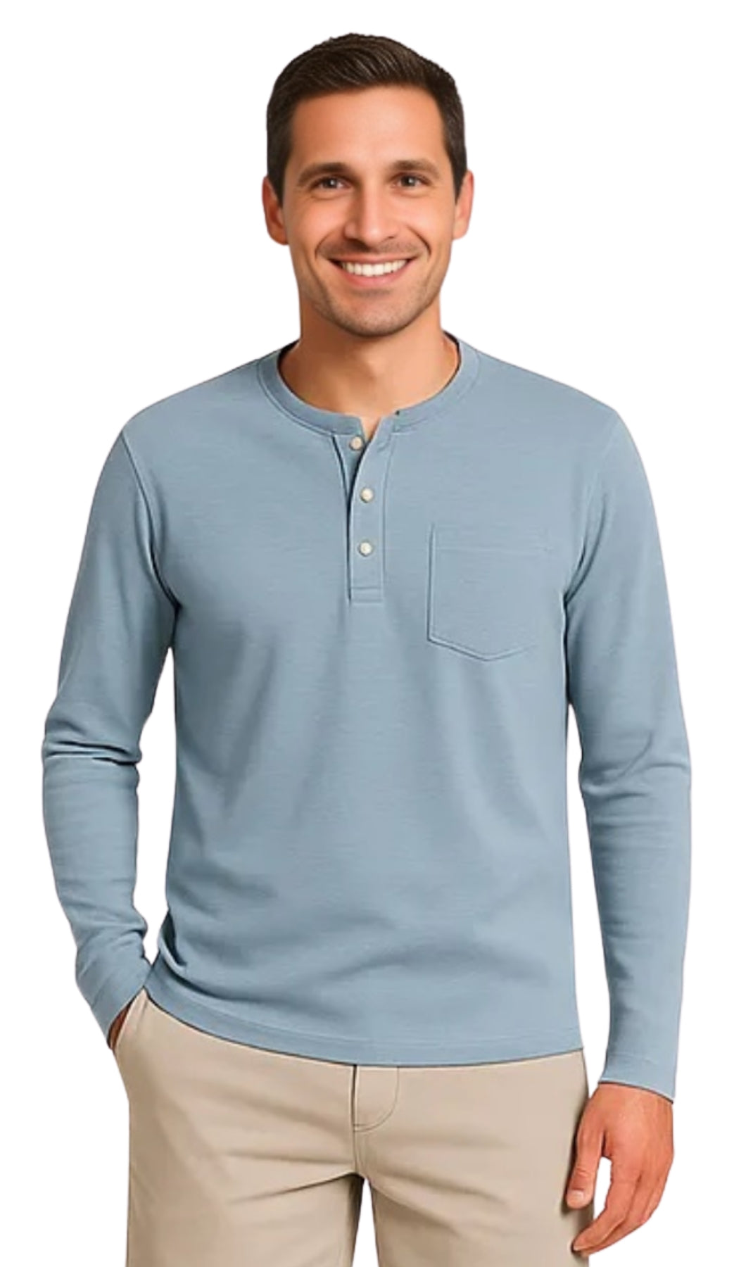 Men's Long Sleeve Henley shirt in cotton blend with 3 Button Placket & Chest Pocket
