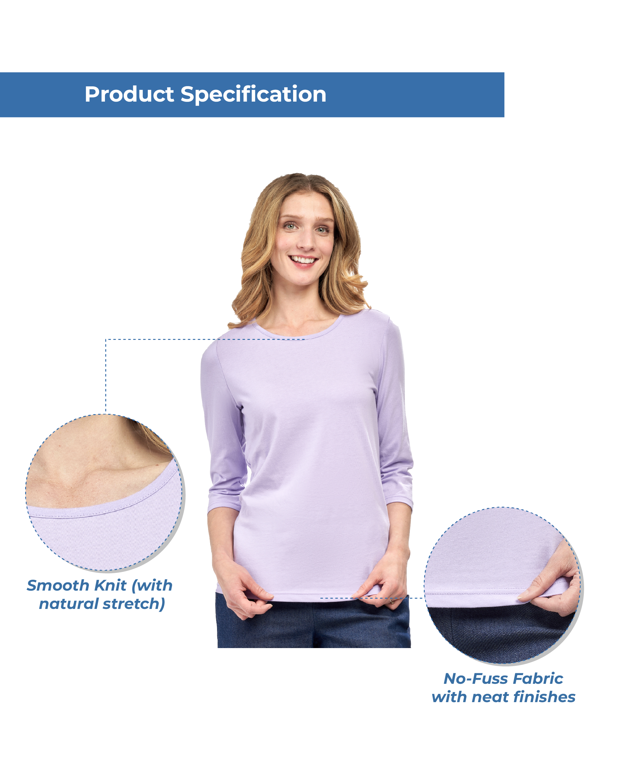 Turtle Bay New York Women's 3/4 Sleeve Crew Neck Top – Comfortable Jer lavander product details