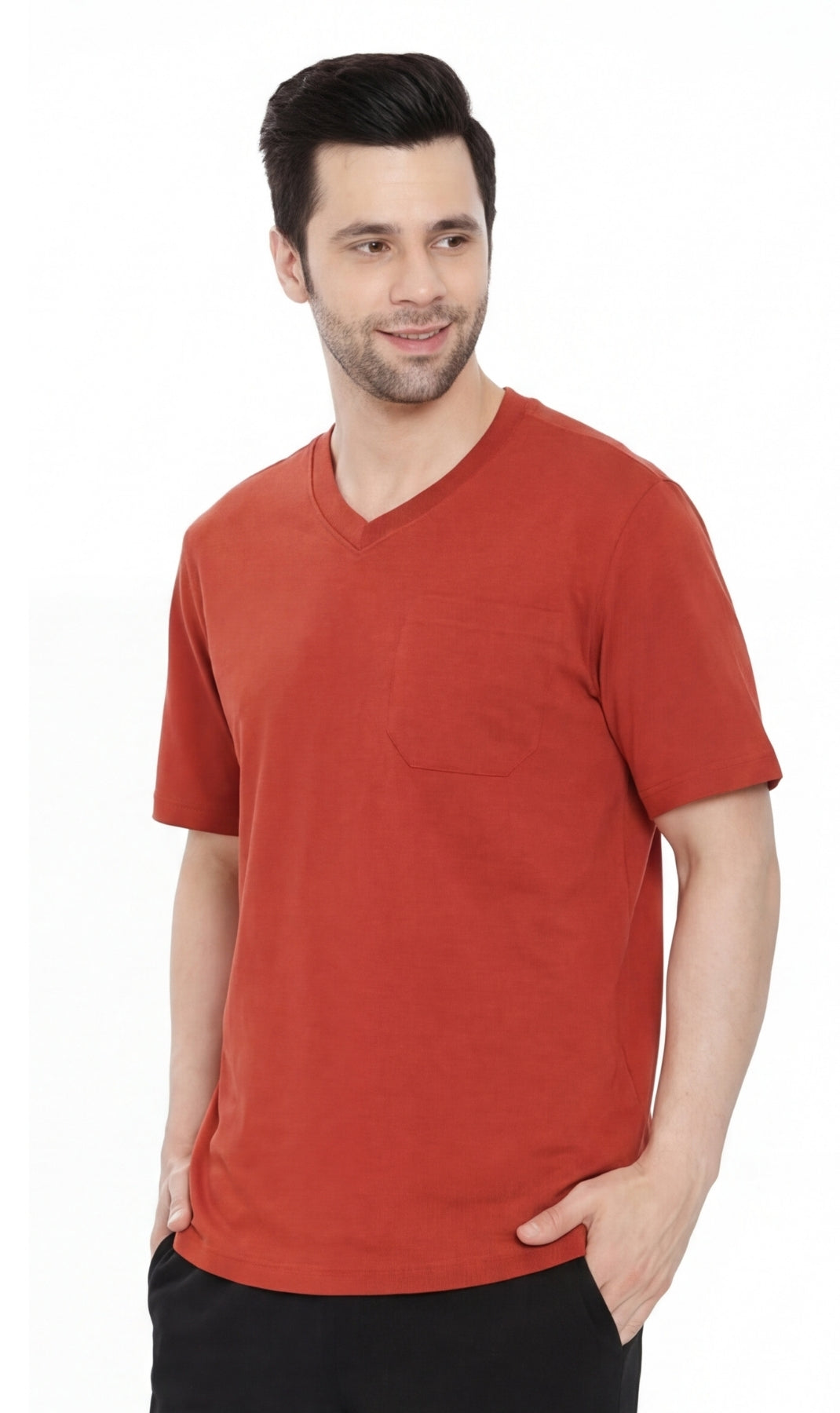 Turtle Bay New York Men's Heavyweight Short Sleeve V-Neck T-Shirt – Relaxed Fit Cotton Blend with Pocket redwood front