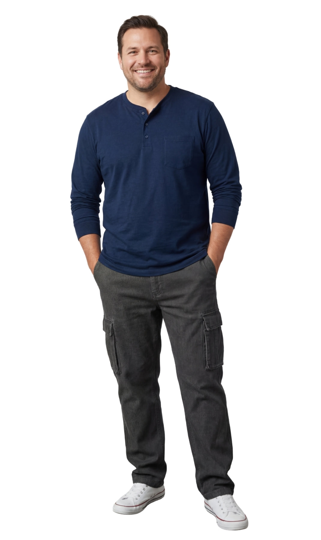 Turtle Bay New York Men's Long Sleeve Henley shirt in cotton blend with 3 Button Placket & Chest Pocket navy full