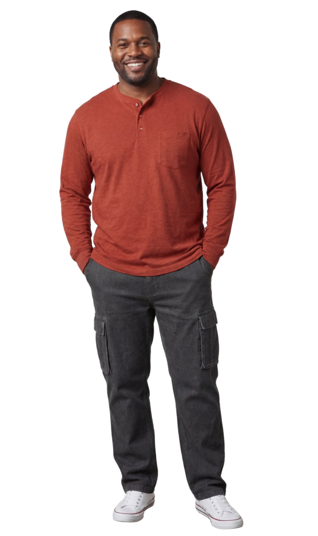 Turtle Bay New York Men's Long Sleeve Henley shirt in cotton blend with 3 Button Placket & Chest Pocket redwood full