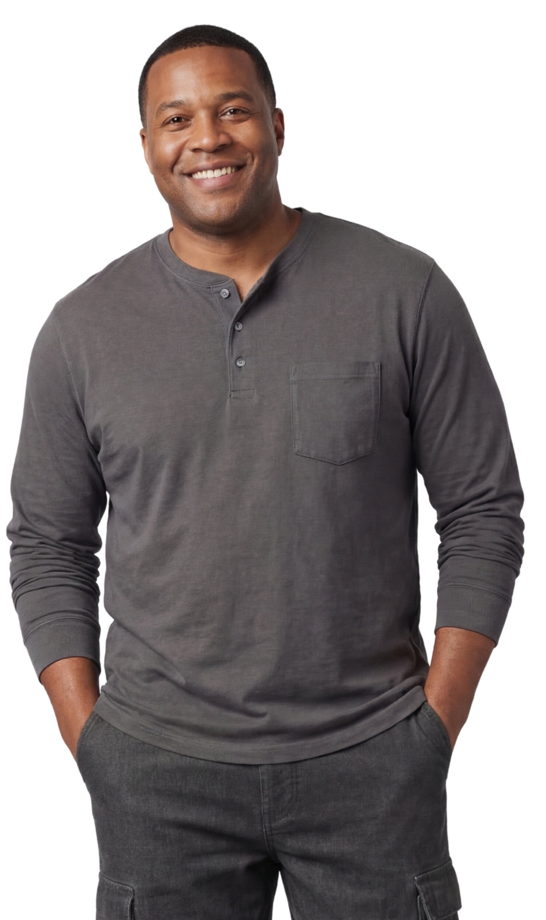 Turtle Bay New York Men's Long Sleeve Henley shirt in cotton blend with 3 Button Placket & Chest Pocket charcoal front