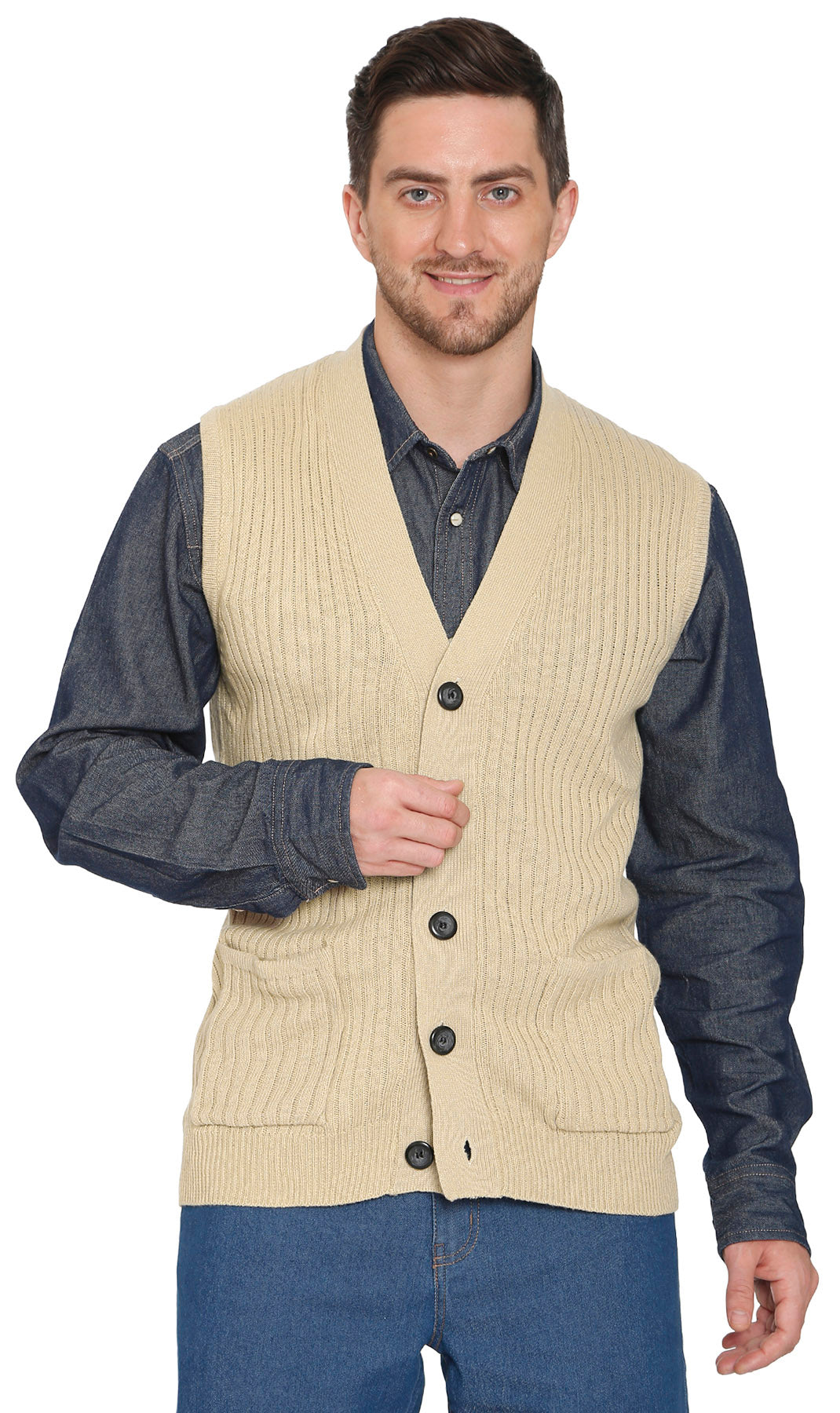 Men's Relaxed Fit Rib Knit Sweater Vest - Button Front with Pockets 30