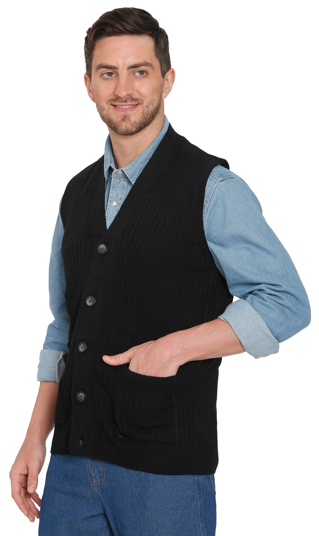 Men's Cashmere-Like Button Front Flat Knit Sweater Vest with front patch pockets 31