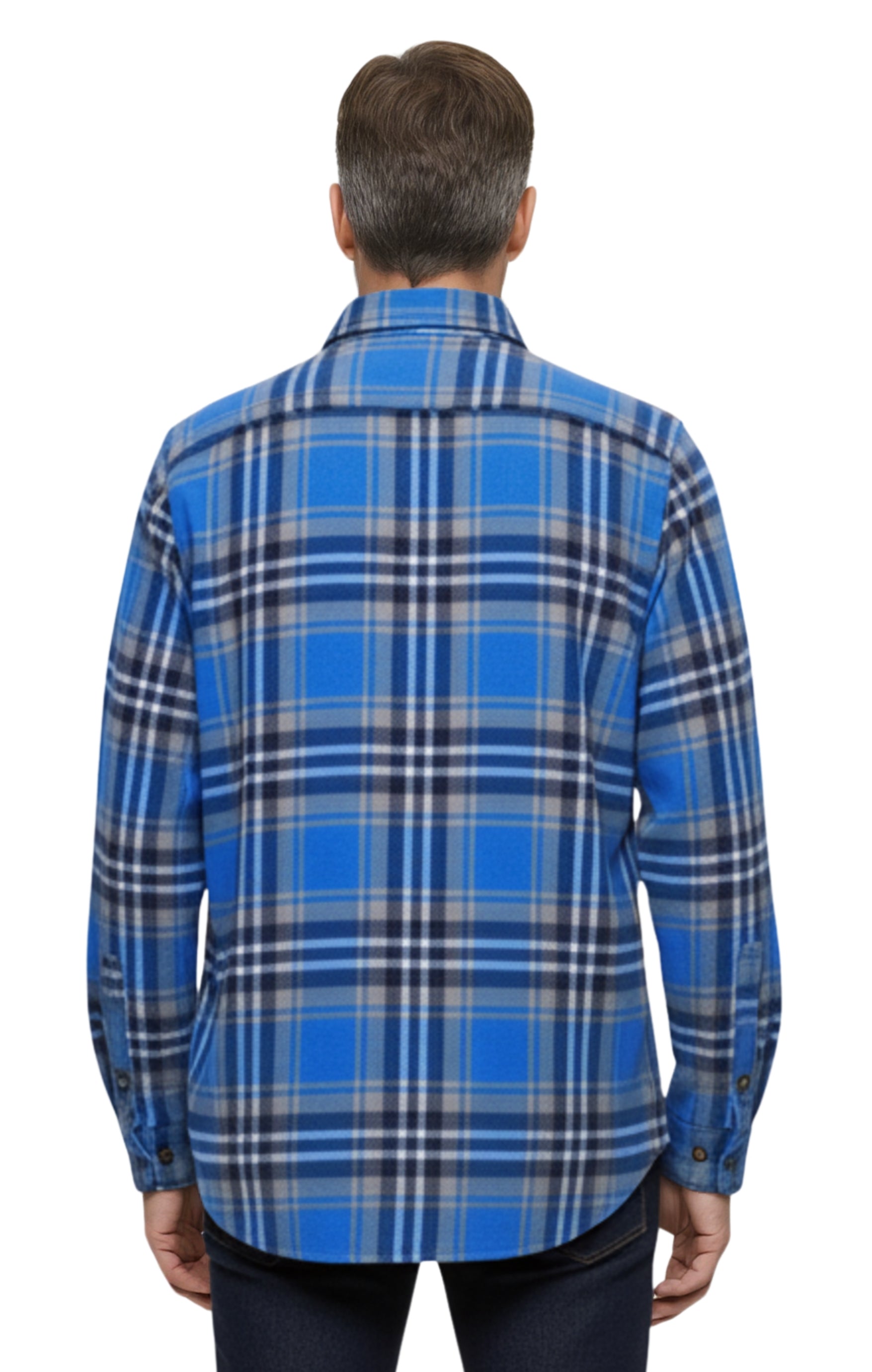 Turtle Bay New York Men's Heathered Fleece Overshirt with Chest Pockets and Tortoise-shell patterned Buttons blue Plaid side back