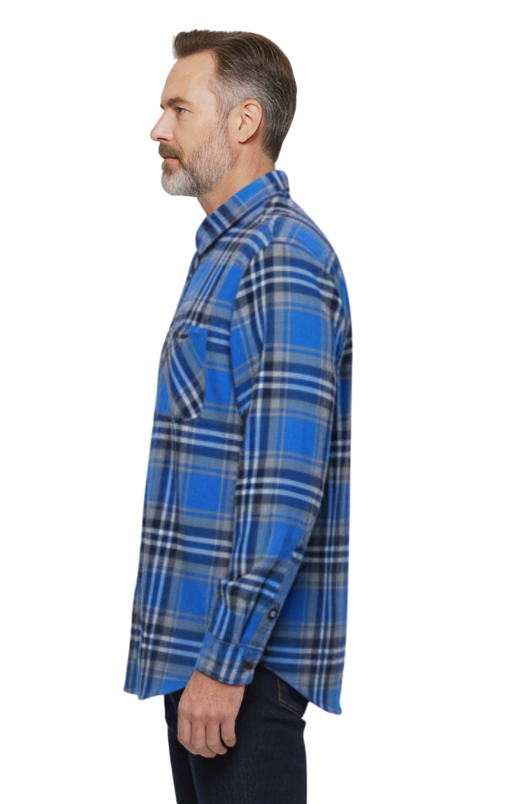 Turtle Bay New York Men's Heathered Fleece Overshirt with Chest Pockets and Tortoise-shell patterned Buttons blue Plaid side side