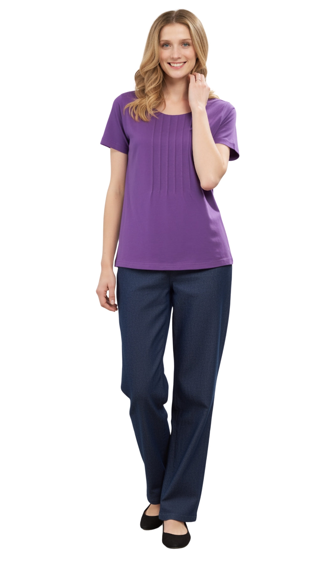 Women's Short Sleeve Cotton Knit T-shirt in Pintuck Style 5