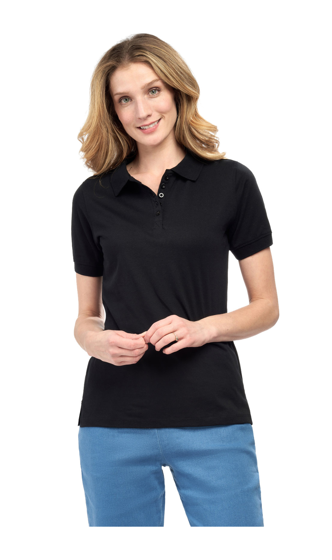 Women's Short Sleeve Pique Knit Polo Shirt in Relaxed Fit Pocketless Jersey 12