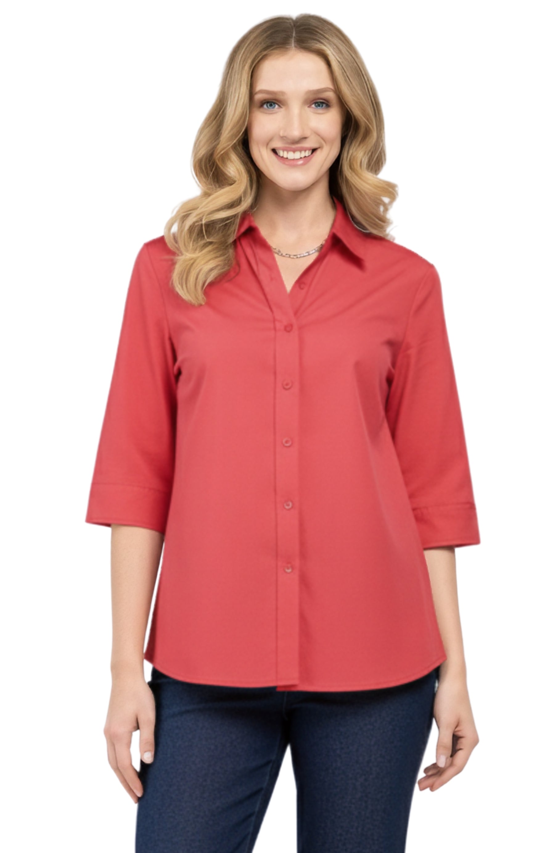 Womens Regular Fit 3/4 Sleeve Button Down Collared Camp Shirt