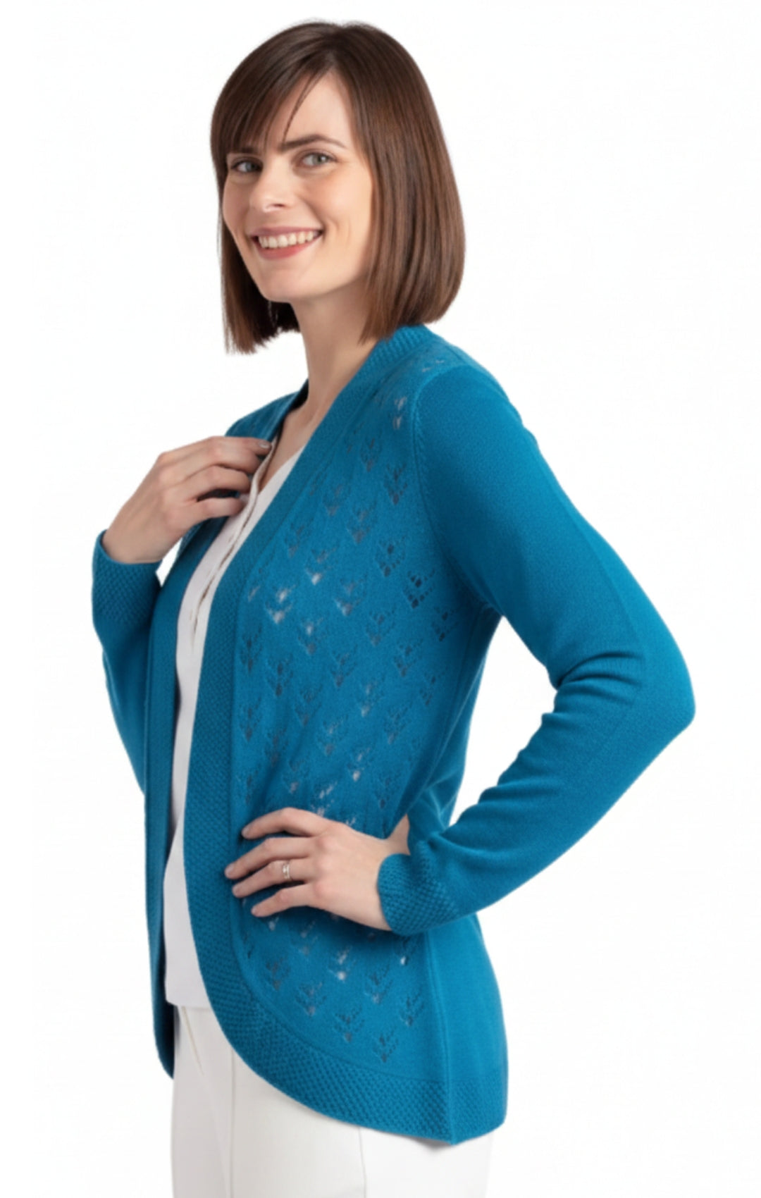Woman wearing a blue cardigan on a white background