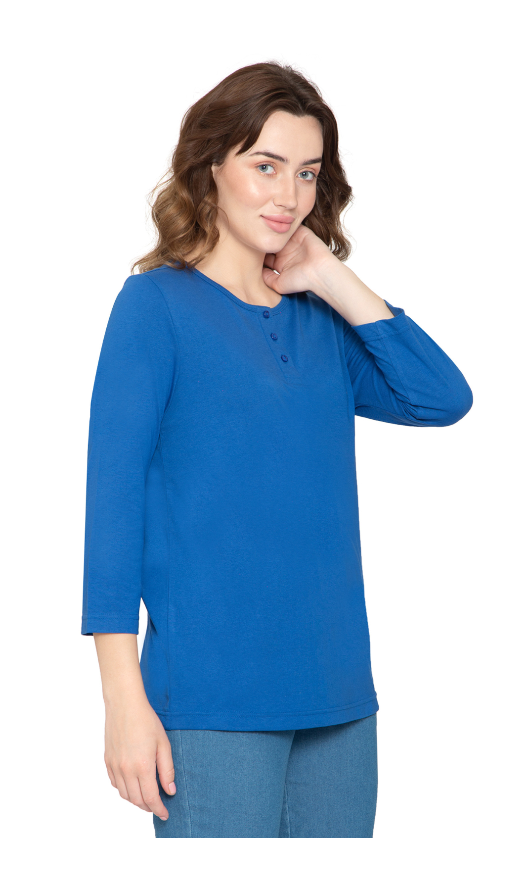 Women's 3/4 sleeves Henley in Cotton Blend with Button Placket 16