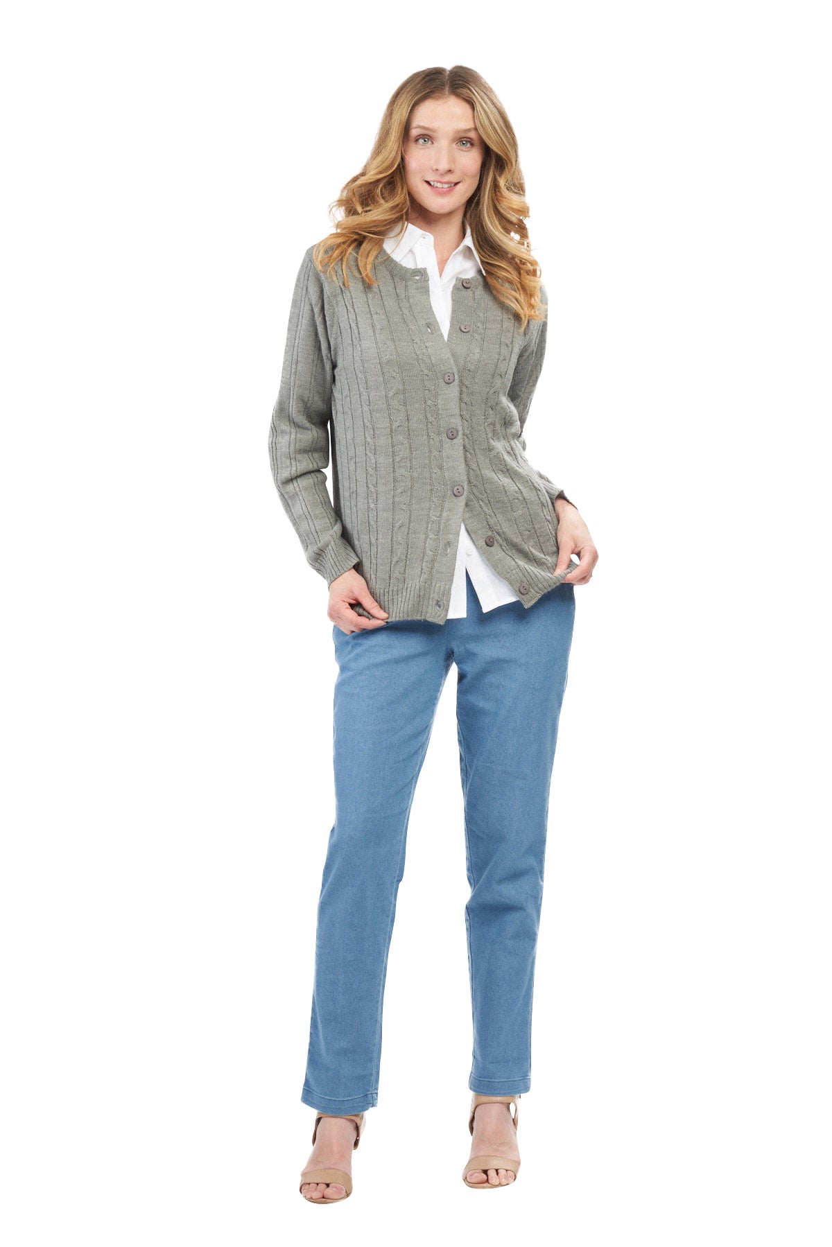 Women's Classic Button Front Cable Knit Cardigan in Soft Acryllic 12