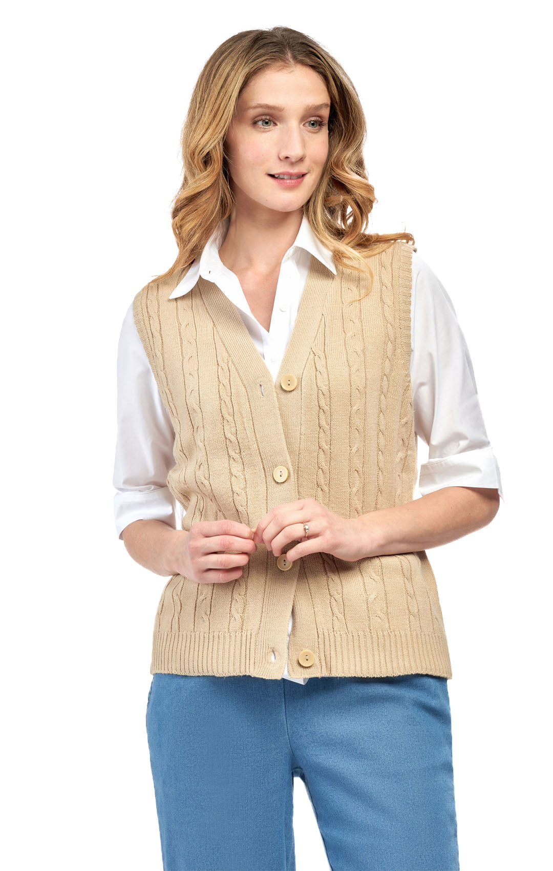 Womens Button Front Cable Knit Cardigan Sweater Vest 21