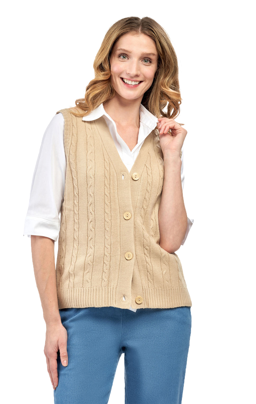 Womens Button Front Cable Knit Cardigan Sweater Vest 18