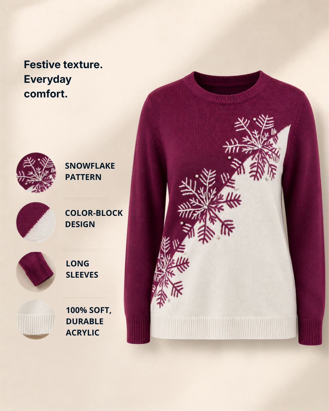 Women's Snowflake Color Block Holiday Crewneck Sweater — 100% Acrylic 4