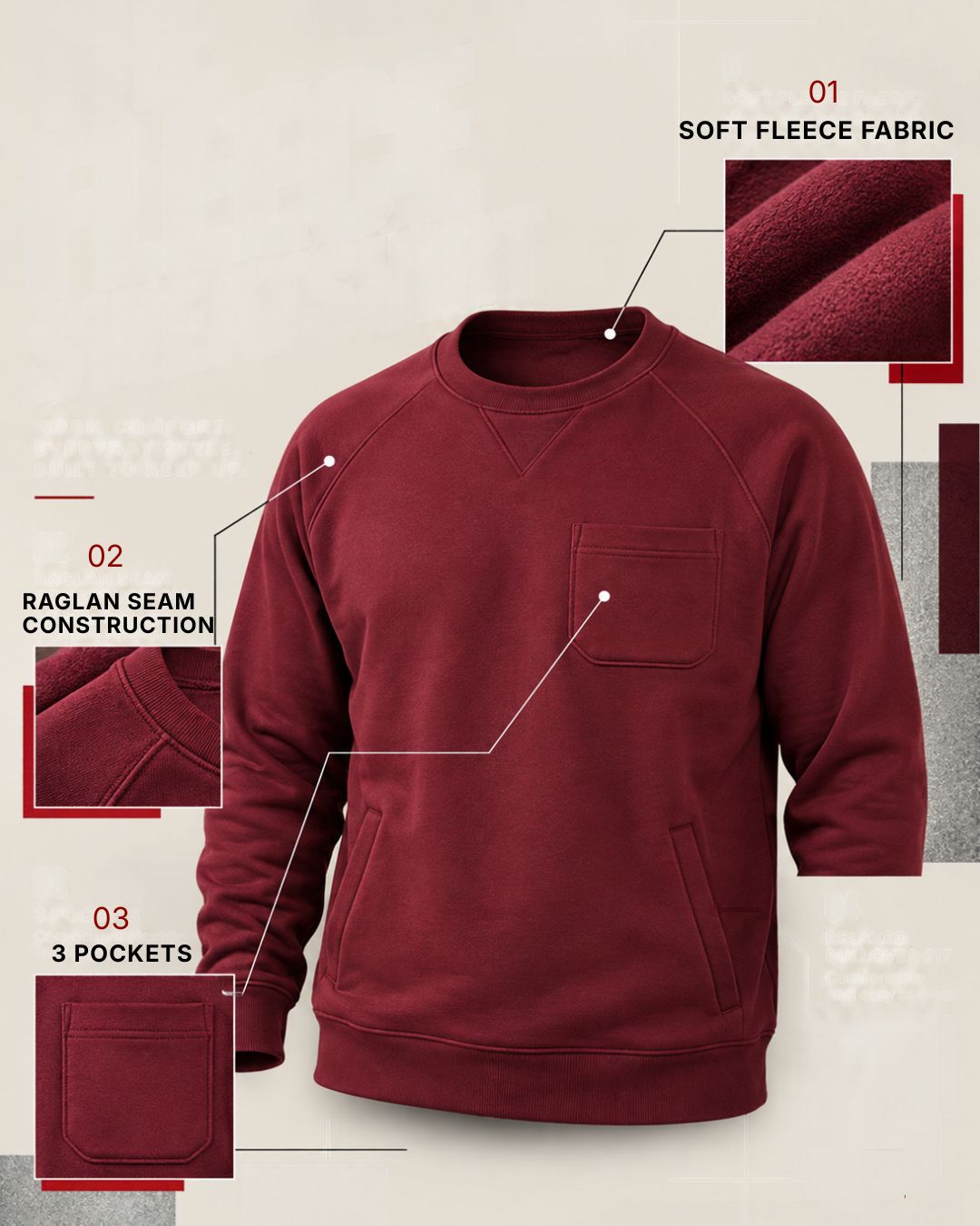 Men's 3-Pocket Fleece Sweatshirt with Raglan Seams 9
